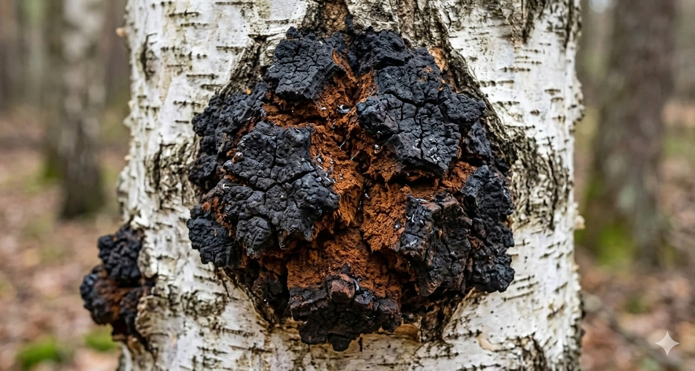 Chaga (Inonotus obliquus) rosnąca na pniu brzozy