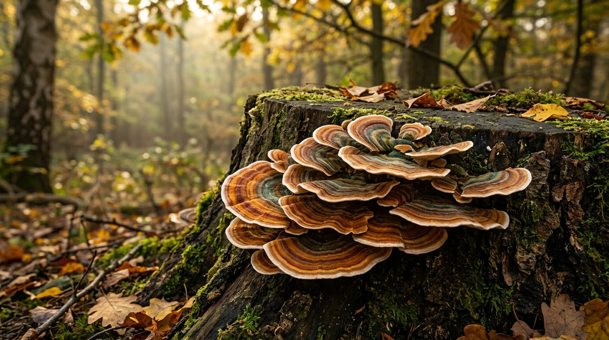 Wrośniak różnobarwny (Trametes versicolor) z wielobarwnymi pierścieniami rosnący na omszałym pniu w jesiennym lesie.
