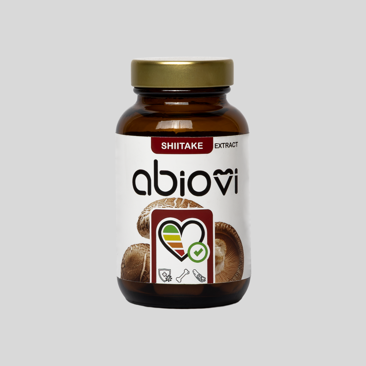 Butelka ekstraktu Abiovi Shiitake. Etykieta z przodu z ikoną serca i grzybami.