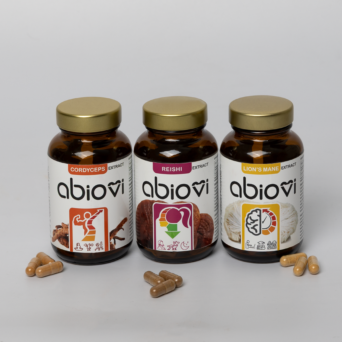 Zestaw 3 ekstraktów Abiovi: Cordyceps, Reishi, Soplówka jeżowata z kapsułkami.