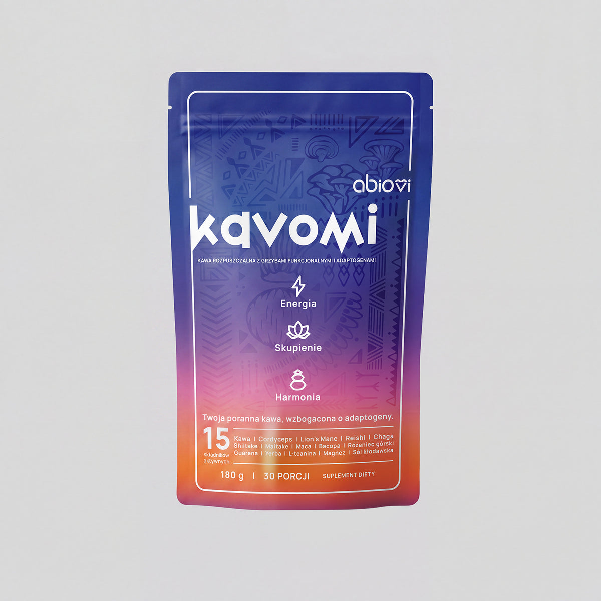 Opakowanie kawy rozpuszczalnej z grzybami funkcjonalnymi i adaptogenami KAVOMI marki Abiovi, 180g.