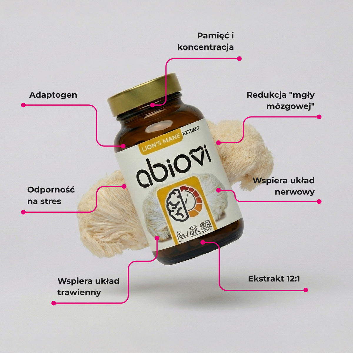 Infografika suplementu LION'S MANE EXTRACT od Abiovi z owocnikami soplówki jeżowatej z wypisanymi właściwościami.