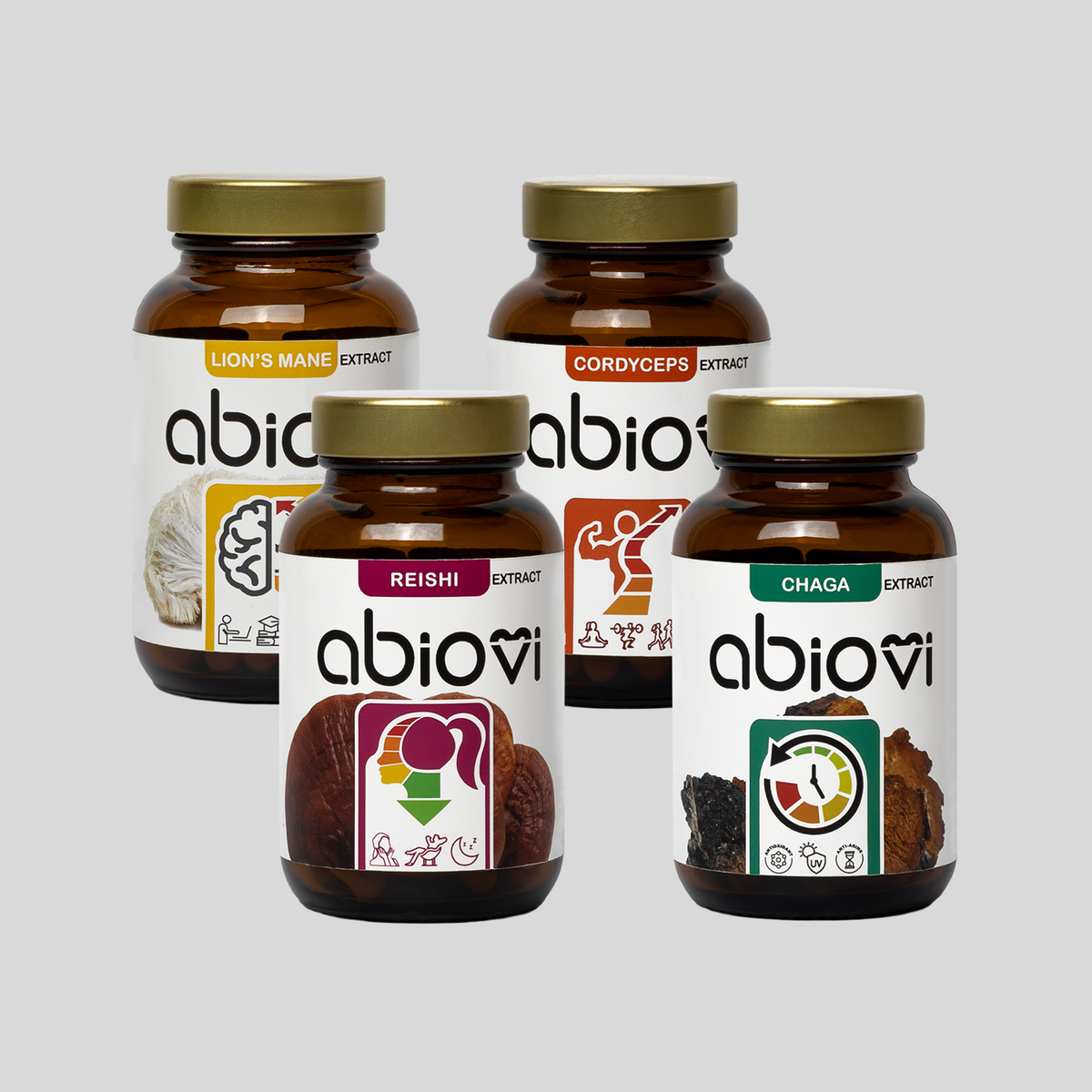 Zestaw czterech ekstraktów z grzybów od Abiovi: Soplówka jeżowata, Cordyceps, Reishi i Chaga.