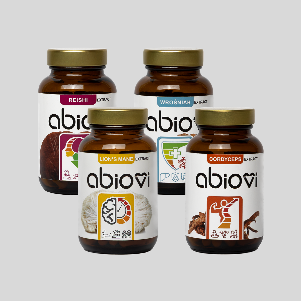 Zestaw czterech ekstraktów z grzybów od Abiovi: Reishi, Soplówka jeżowata, Wrośniak i Cordyceps.