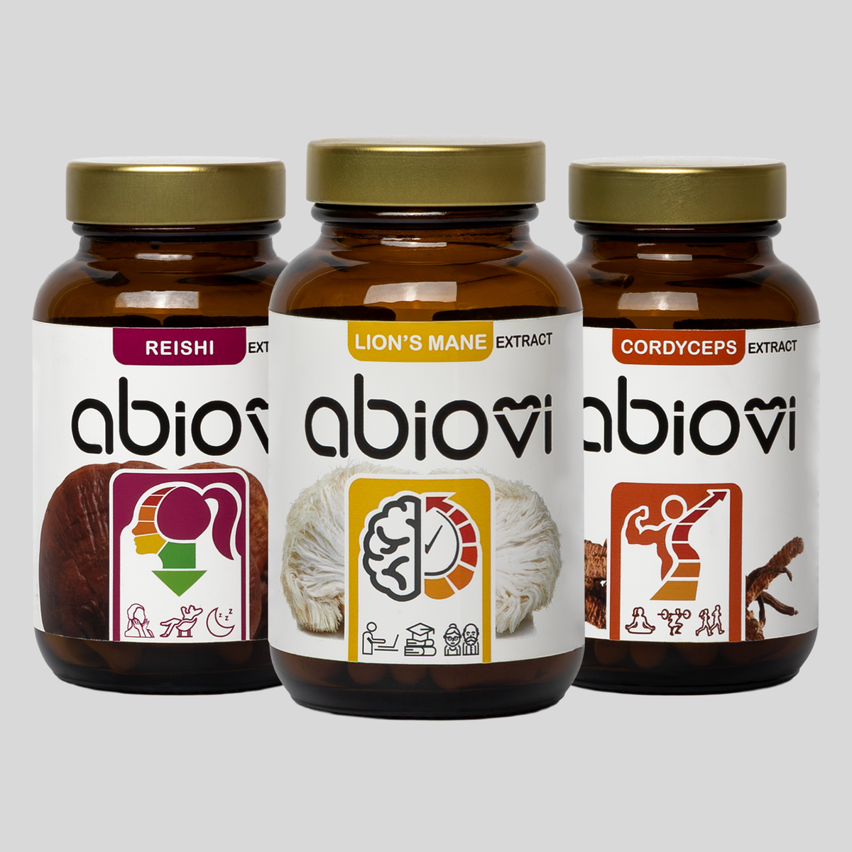 Zestaw trzech ekstraktów z grzybów od Abiovi: Reishi, Soplówka jeżowata (Lion's Mane) oraz Cordyceps.