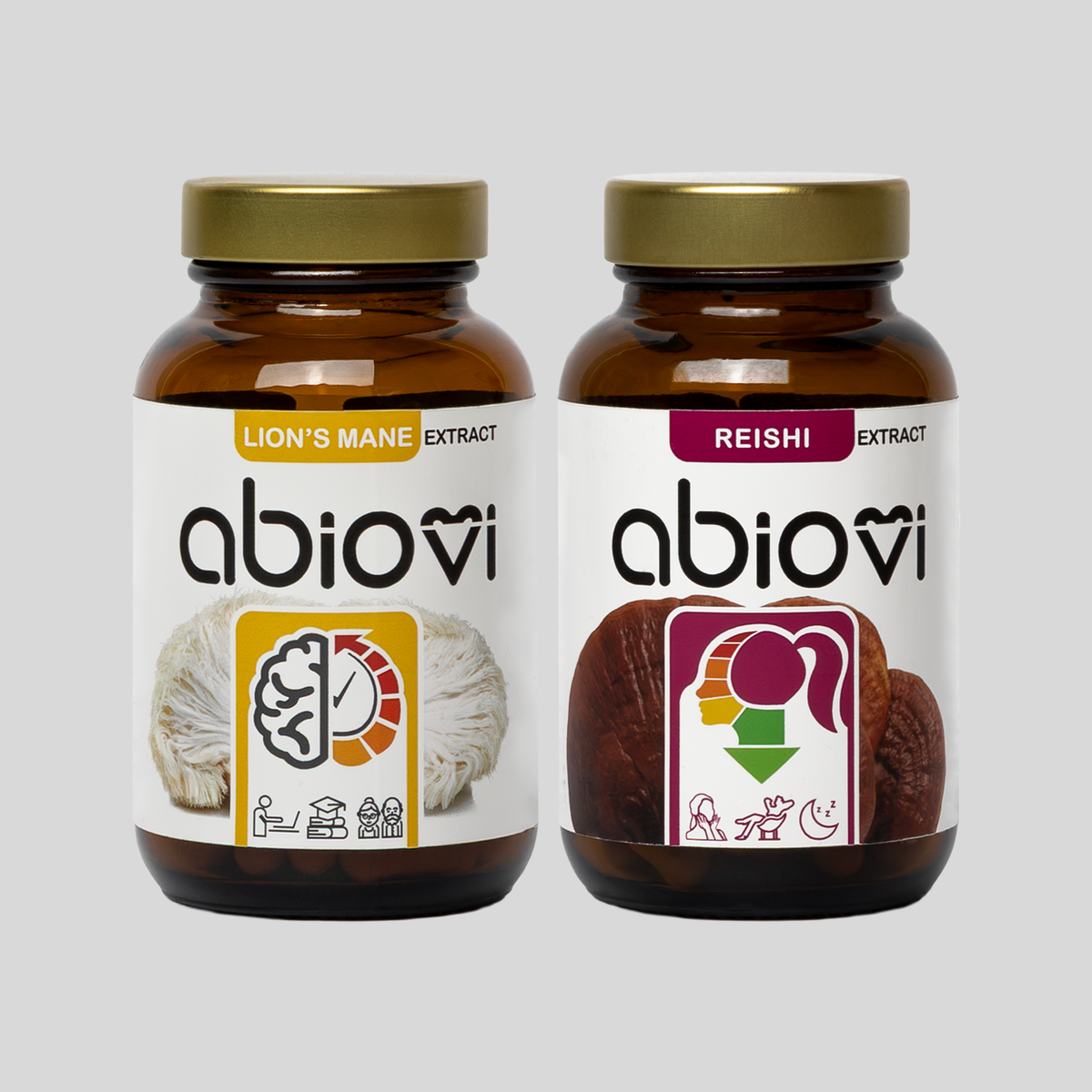 Zestaw dwóch ekstraktów z grzybów od Abiovi: Soplówka jeżowata (Lion's Mane) oraz Reishi na jasnym tle.